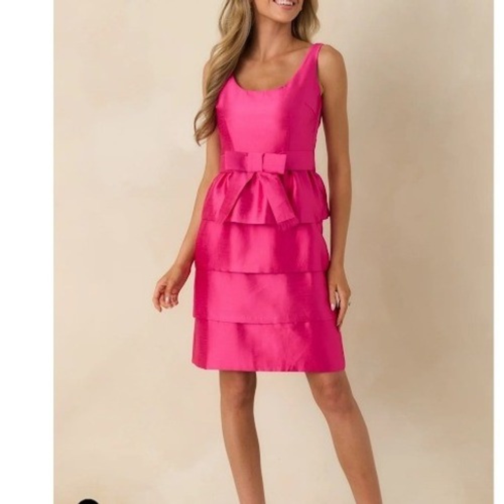 Prosperina Aveline Hot Pink Bow Mini Dress Red Dress Tiered Sleeveless S NEW